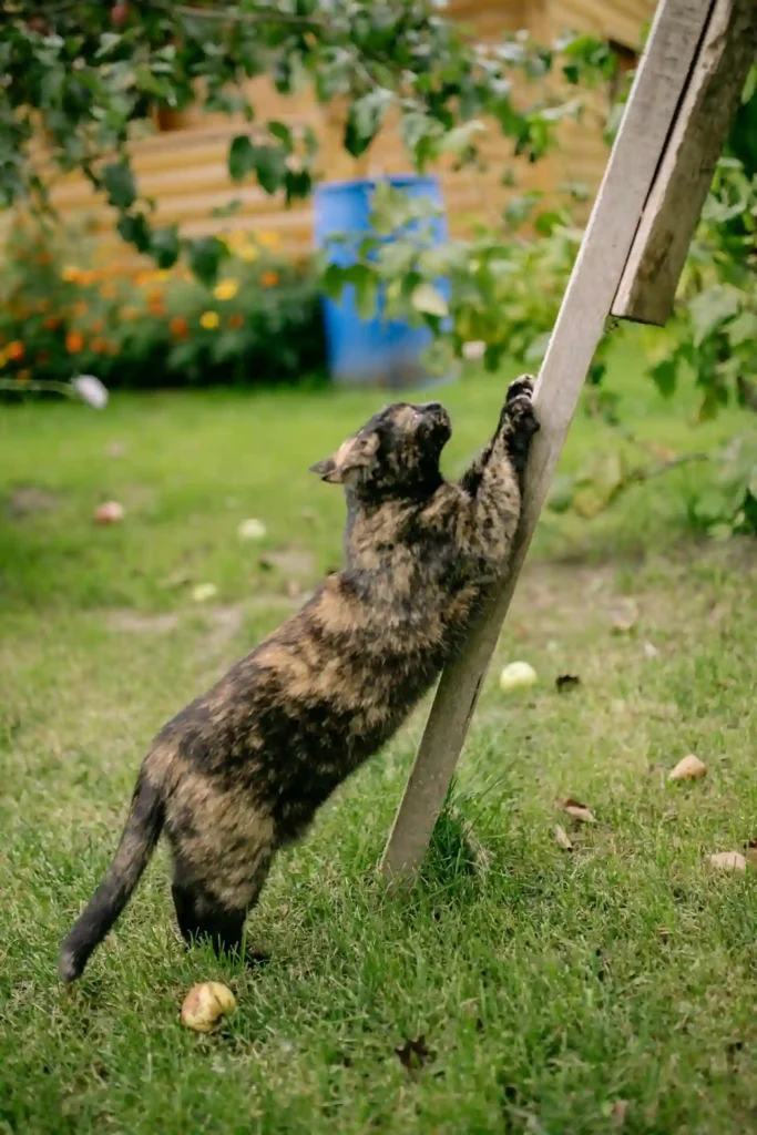 Brincadeiras para Gatos: 4 Temas Importantes seu Felino 4 Gato arranhando estrutura de madeira em um jardim