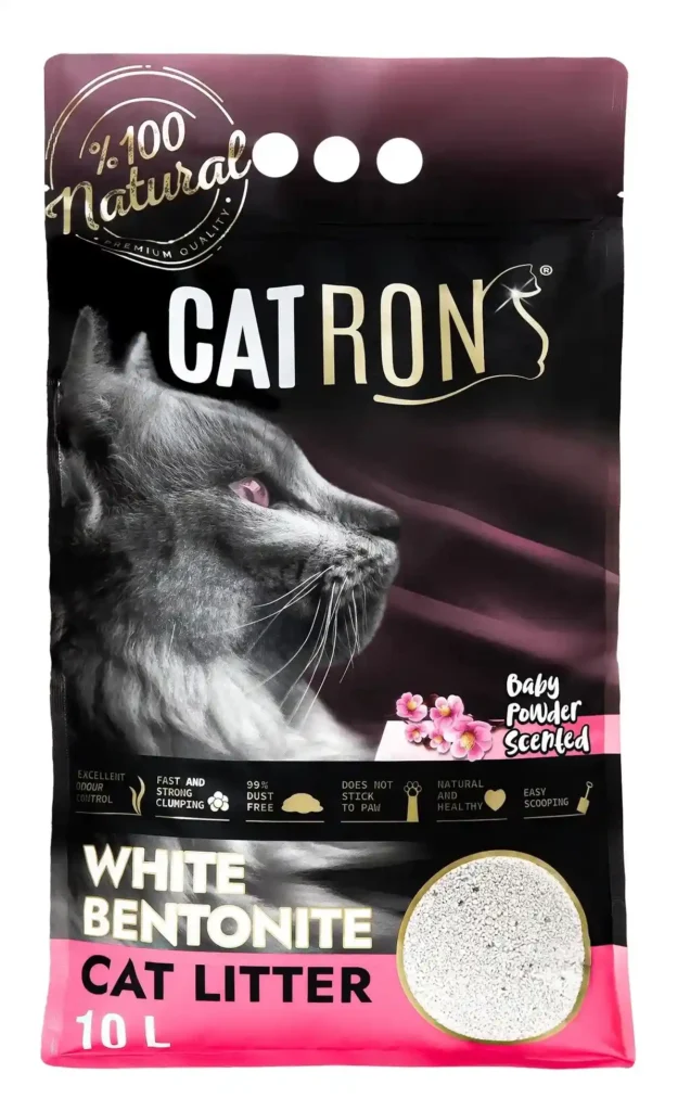 Caixa de Areia para Gatos: Tudo para o Conforto do Seu Pet 5 Embalagem de areia aglomerante Catron White Bentonite, 10L, com controle de odores e fragrância de talco.
