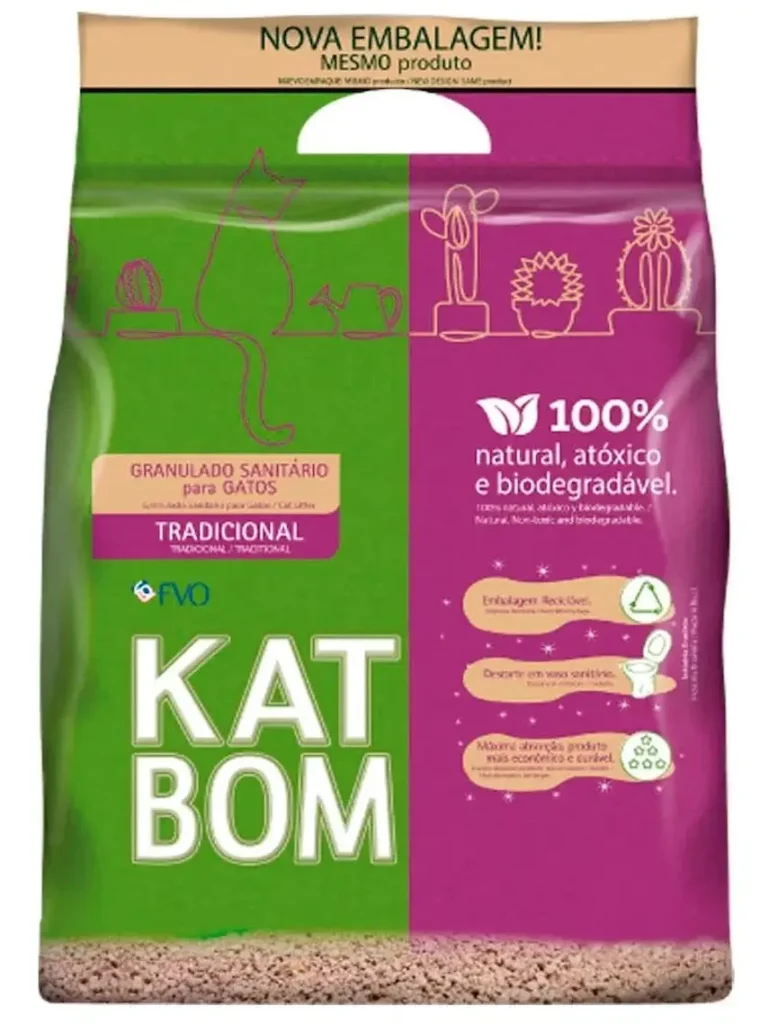 Caixa de Areia para Gatos: Tudo para o Conforto do Seu Pet 6 Embalagem de areia sanitária para gatos Kat Bom, 100% natural, atóxica e biodegradável.