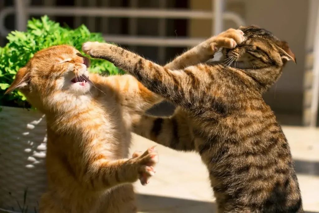 FIV e FeLV: 3 Mitos e Verdades. Que o Tutor Precisa Saber? 3 Dois gatos brigando ao ar livre em um jardim, mostrando comportamento territorial e agressivo.