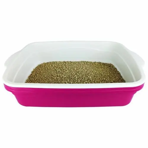 Caixa de Areia para Gatos: Tudo para o Conforto do Seu Pet 4 Caixa de areia para gatos de cor rosa, com areia já colocada.