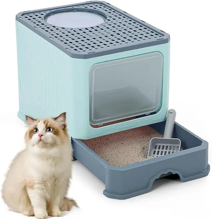 Caixa de Areia para Gatos: Tudo para o Conforto do Seu Pet 3 Gato olhando para caixa de areia fechada com design moderno e entrada lateral.