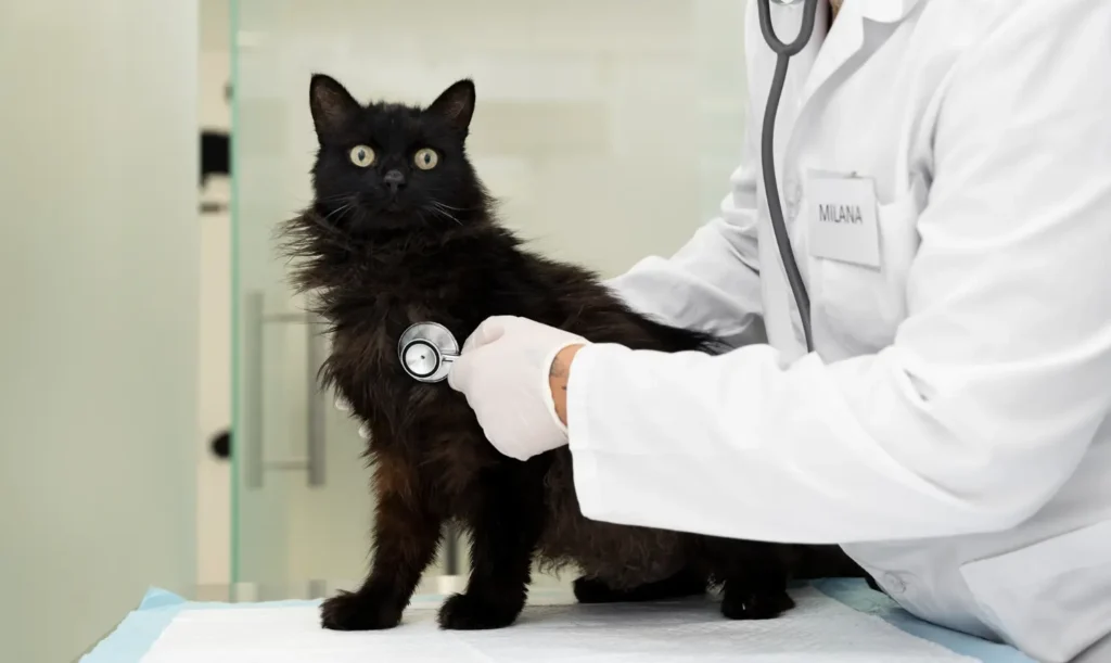 Gato preto sendo examinado por um veterinário durante uma consulta, com estetoscópio na mesa de exame de fiv e felv