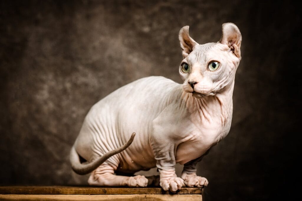 Gato Sphynx com pele enrugada e olhos expressivos em uma pose destacando suas características físicas únicas.