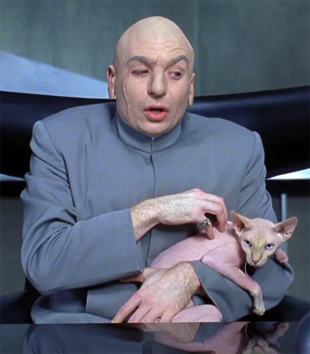 Sphynx: A Fascinante Raça de Gato Sem Pelo 9 Dr. Evil segurando um gato Sphynx em uma cena icônica do filme Austin Powers, destacando a popularidade da raça na mídia.