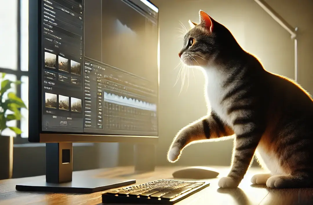 Um Blog sobre Gatos e suas Curiosidades 1 Um gatos cinza e branco olhando para a tela de um computador, com as patas sobre um teclado em um ambiente iluminado.