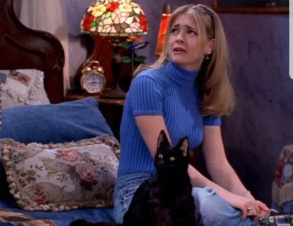 Salem Saberhagen: O Gato Mais Sarcástico da Cultura Pop 4 Cena da série Sabrina, Aprendiz de Feiticeira, com Salem Saberhagen, o gato preto, ao lado de Sabrina Spellman sentada em sua cama.