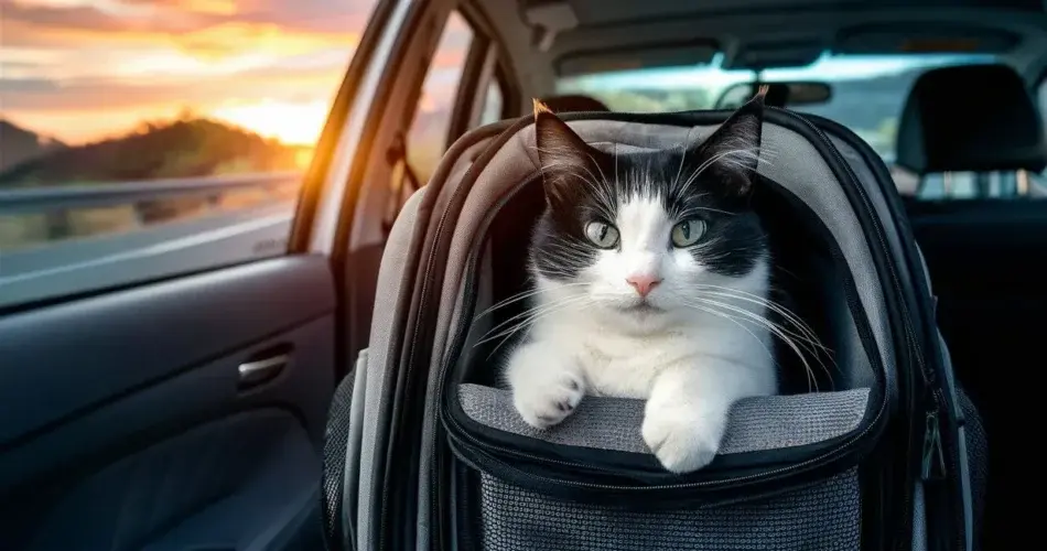 Gato preto e branco em uma mochila de transporte, posicionado no banco de um carro durante uma viagem ao pôr do sol