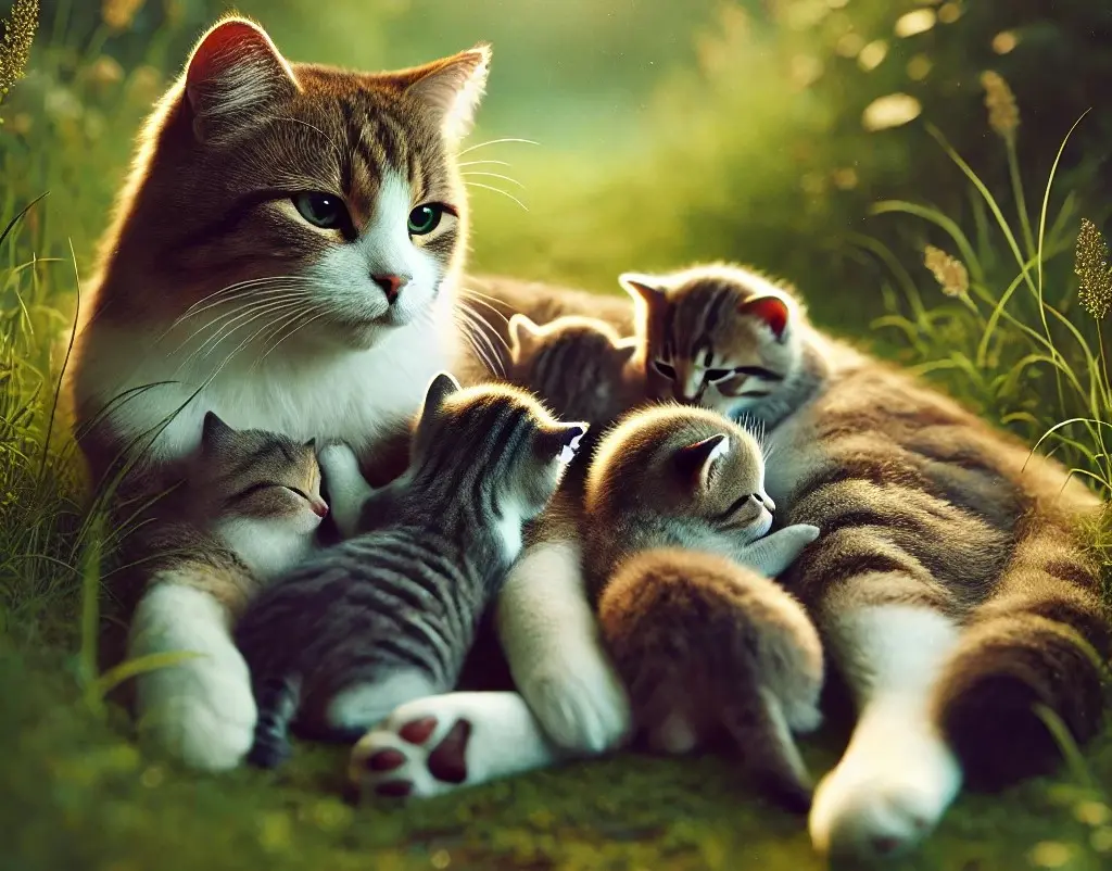 Porque os Gatos Amassam Pãozinho?: 4 Pontos Para Entender 4 Gata de pelo rajado e branco amamentando seus filhotes na grama, uma cena que simboliza cuidado maternal e instintos naturais dos felinos