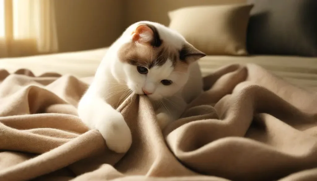 Porque os Gatos Amassam Pãozinho?: 4 Pontos Para Entender 6 Gato branco com manchas marrons amassando pãozinho e mordendo um cobertor bege, comportamento felino associado ao conforto e relaxamento