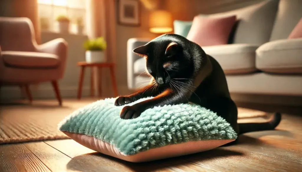 Porque os Gatos Amassam Pãozinho?: 4 Pontos Para Entender 7 Gato preto amassando pãozinho em uma almofada azul macia, comportamento felino típico, em uma sala de estar aconchegante e bem iluminada.