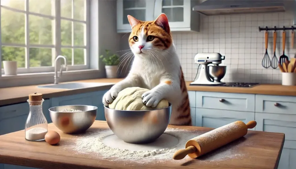 Porque os Gatos Amassam Pãozinho?: 4 Pontos Para Entender 3 Gato laranja e branco em uma cozinha, amassando massa com as patas, em uma cena criativa que remete ao comportamento felino de amassar pãozinho