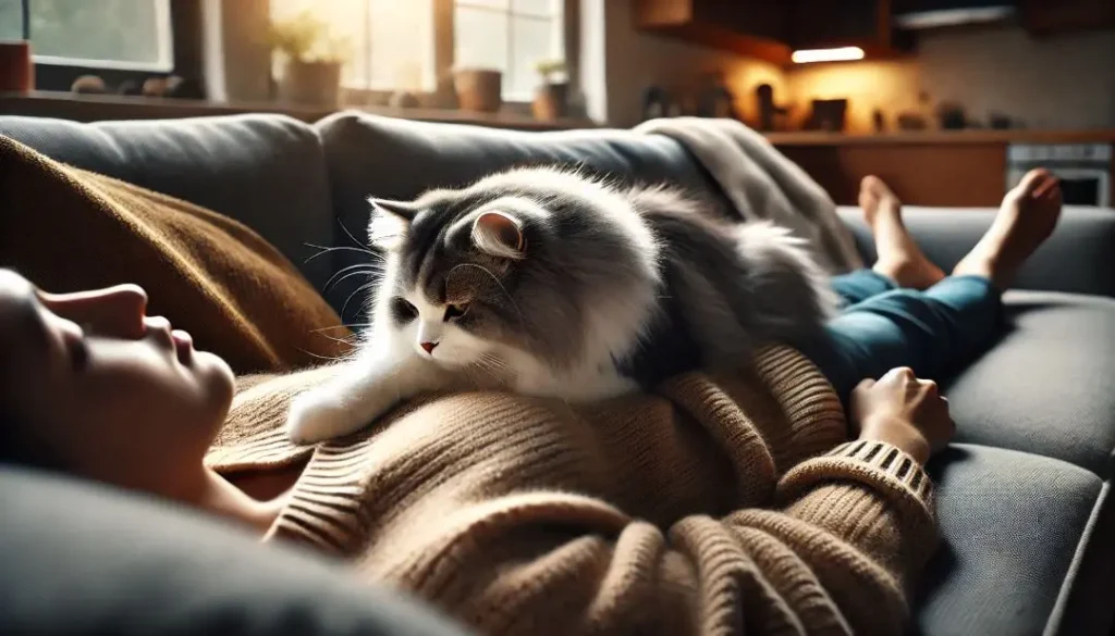 Porque os Gatos Amassam Pãozinho?: 4 Pontos Para Entender 5 Gato cinza e branco, fofo e peludo, amassando pãozinho no colo de sua tutora em uma sala aconchegante e bem iluminada.