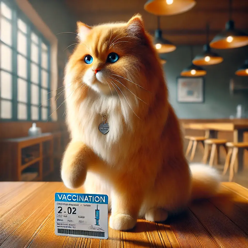 Gato laranja de pelo longo segurando uma carteira de vacinação em uma mesa de madeira em ambiente aconchegante