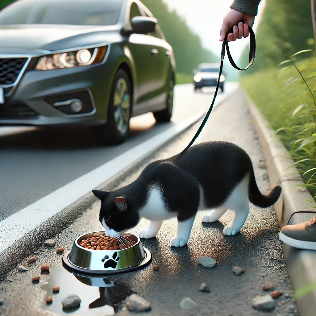 Gato preto e branco comendo ração em uma tigela na beira da estrada, com uma pessoa segurando sua guia e um carro estacionado próximo