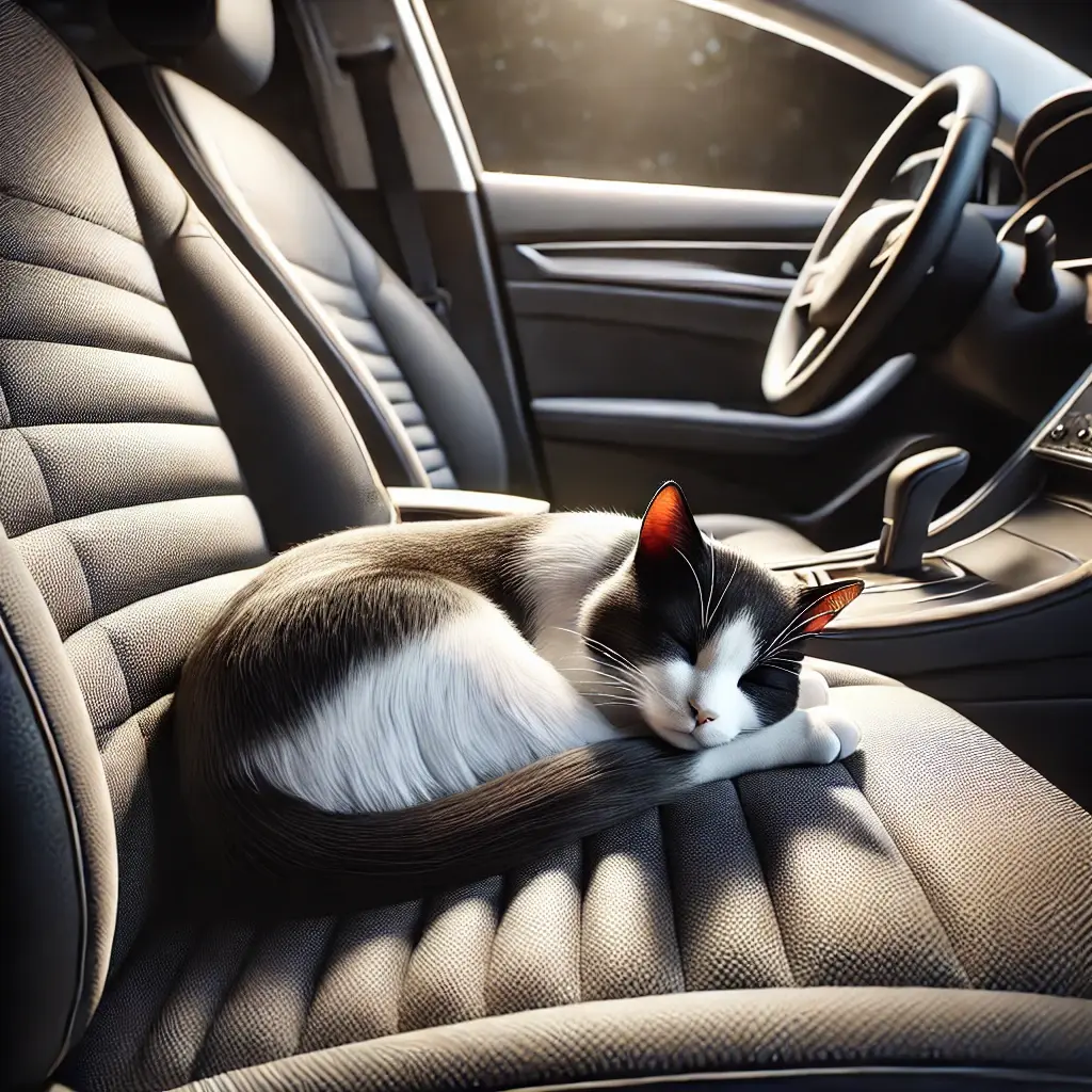 Gato preto e branco de pelo curto dormindo no banco do passageiro de um carro com luz do sol entrando pela janela