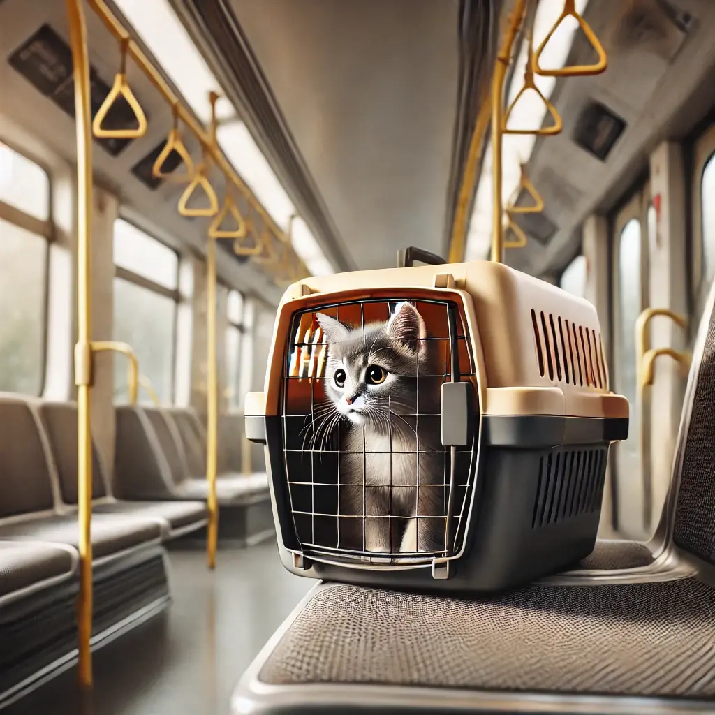 Gato dentro de uma transportadora colocada em um assento de transporte público, representando viagens seguras com animais de estimação