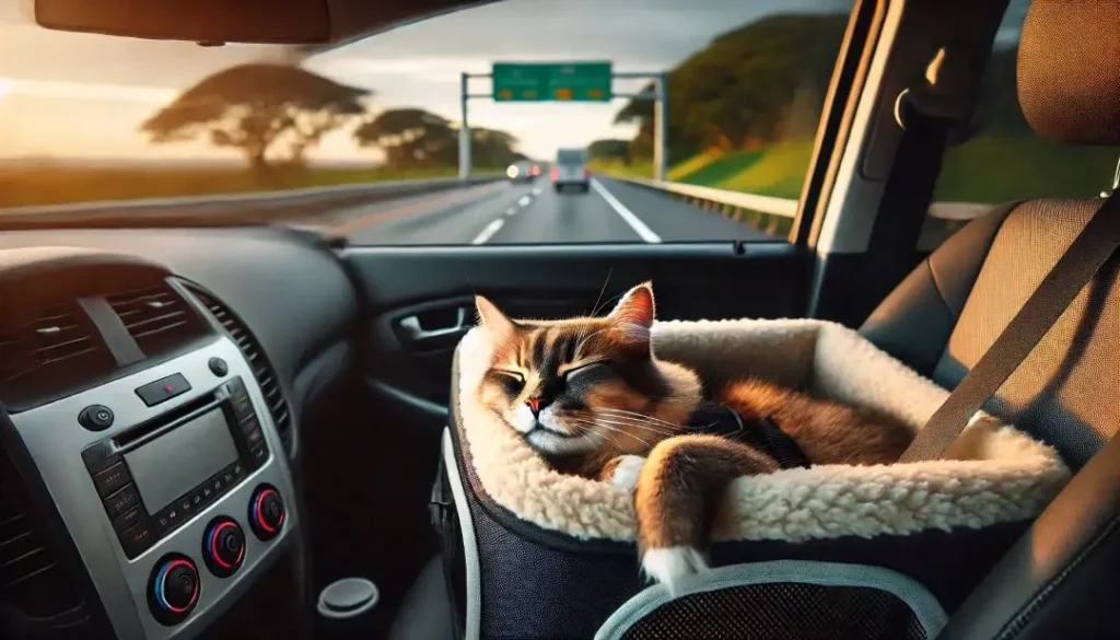 Gato relaxado deitado em uma caixa de transporte confortável, presa com cinto de segurança no banco do passageiro de um carro, durante uma viagem